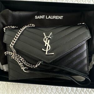 YSL CASSANDRE ENVELOPE CHAIN WALLET LAMBSKIN LEATHER SILVER